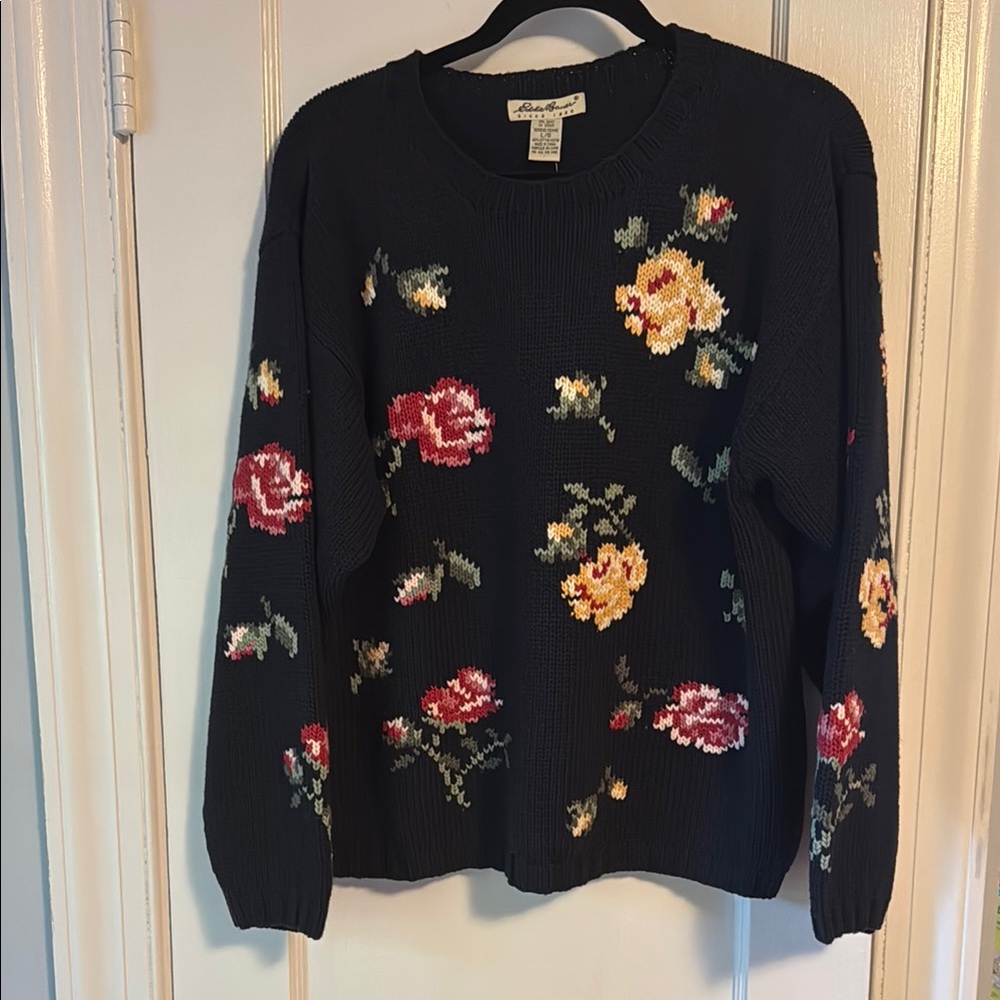 Floral Knit Sweater - Black with Red and Yellow Accents